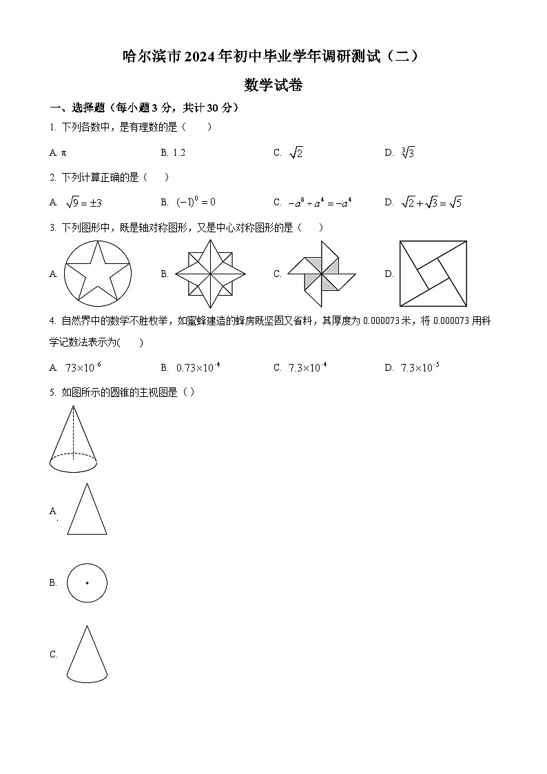 2024年黑龙江省阿城区中考二模数学试题(原卷版+解析版)01