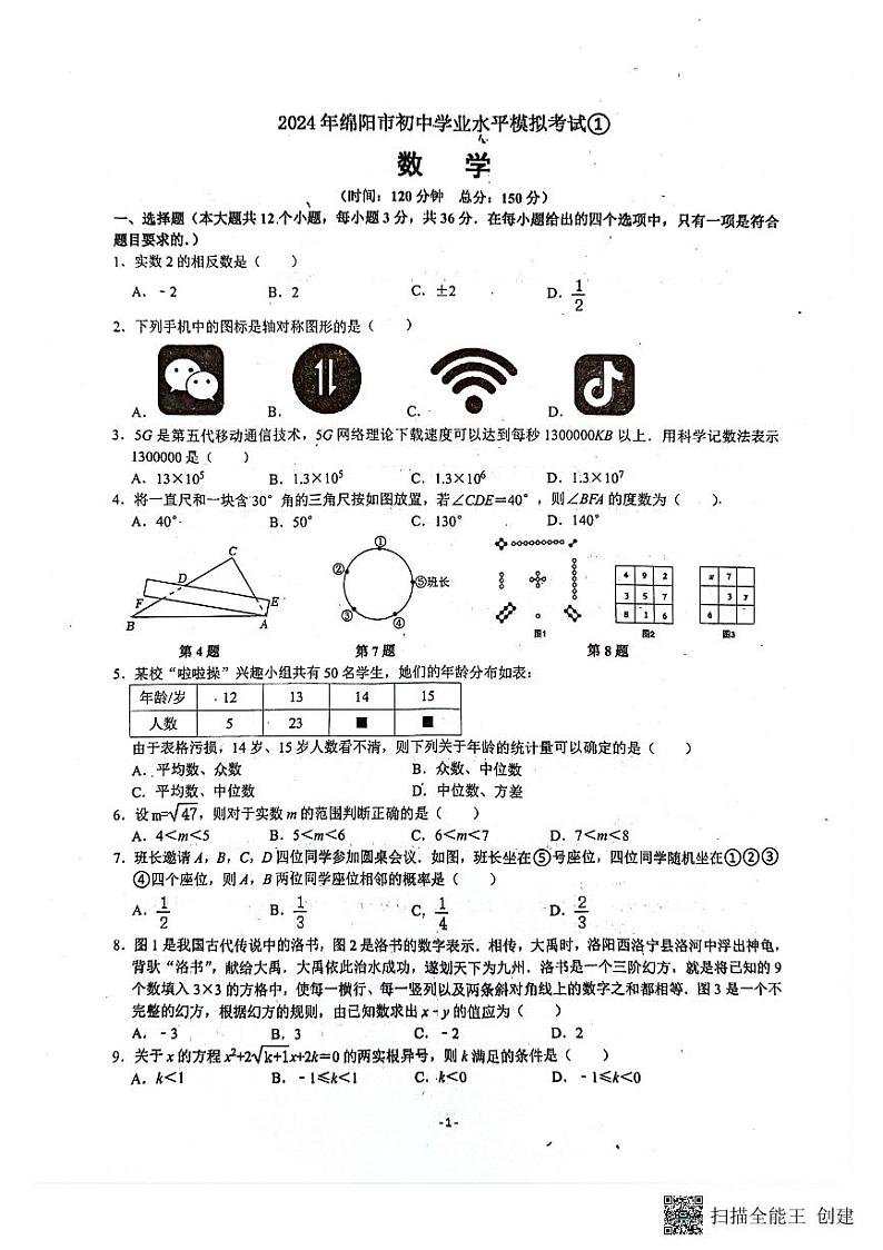 2024年四川省绵阳市游仙区中考模拟预测数学试题第1页