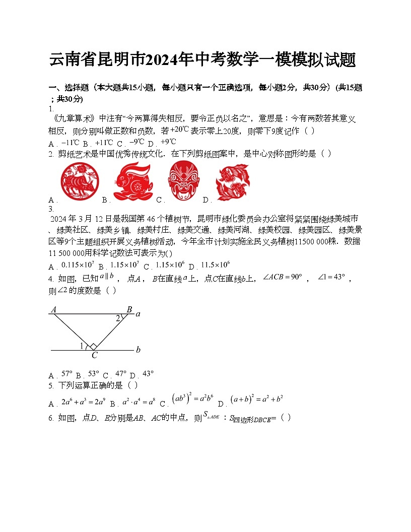 云南省昆明市2024年中考數(shù)學(xué)一模模擬試題第1頁