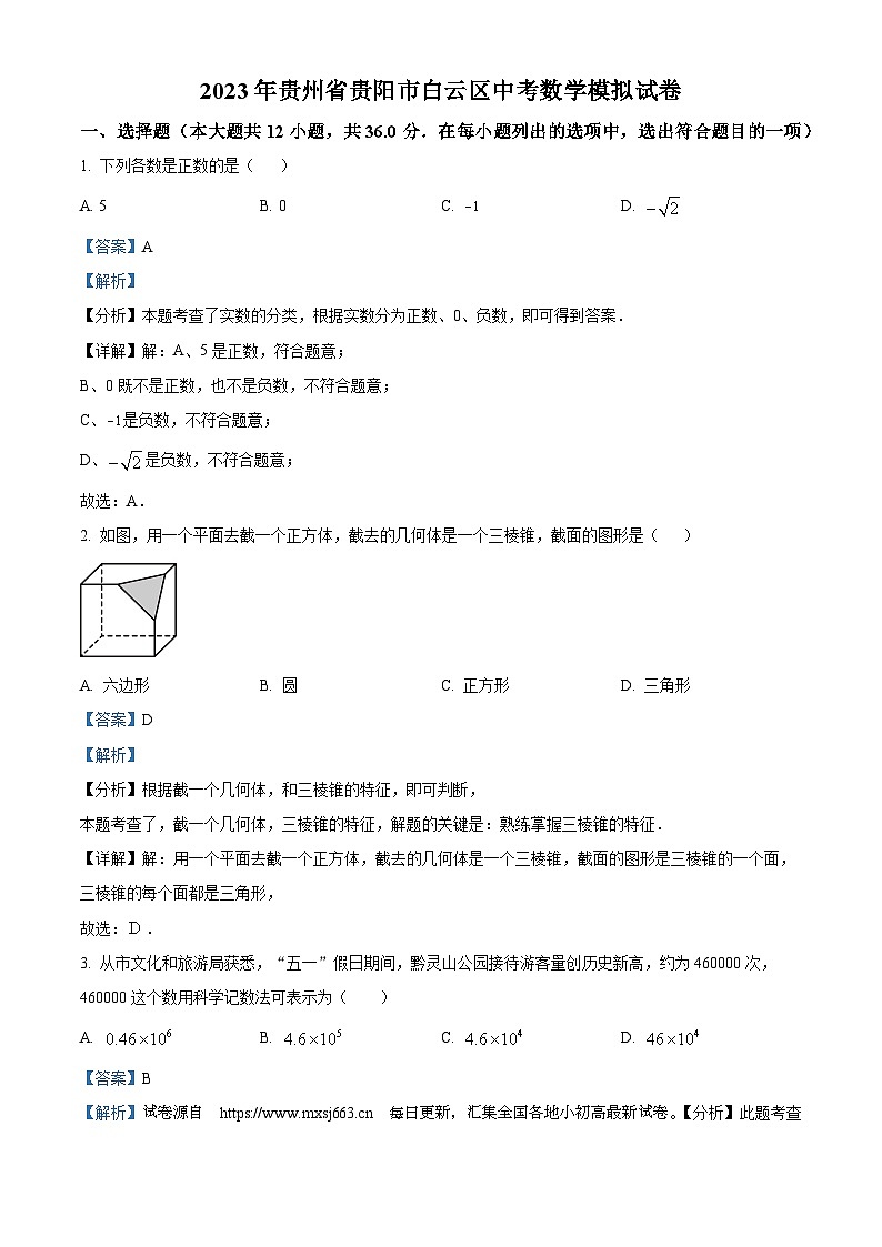 17,2023年贵州省贵阳市白云区中考数学模拟预测题第1页