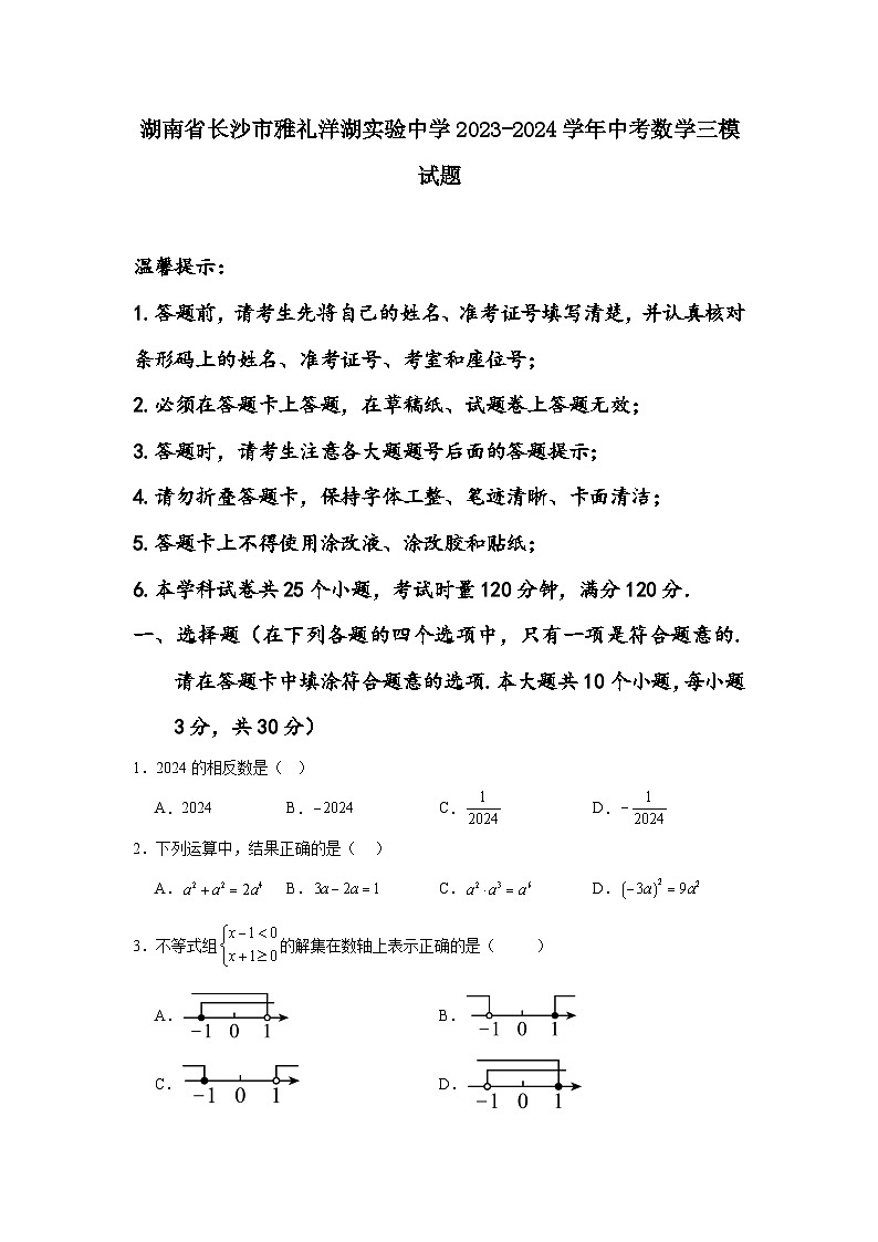 湖南省长沙市雅礼洋湖实验中学2023-2024学年中考数学三模试题第1页