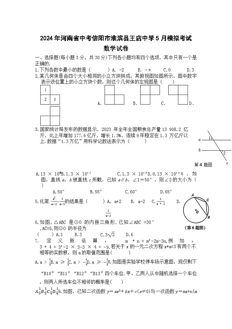 2024年河南省信阳市淮滨县王店乡初级中学中考模拟考试数学试卷第1页