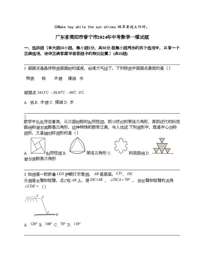 广东省揭阳市普宁市2024年中考数学一模试题第1页