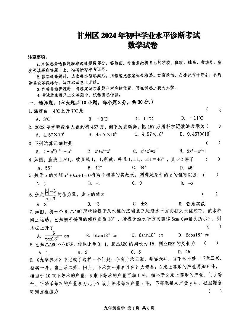 甘肃省张掖市甘州区2024年初中学业水平诊断考试+数学试卷+第1页