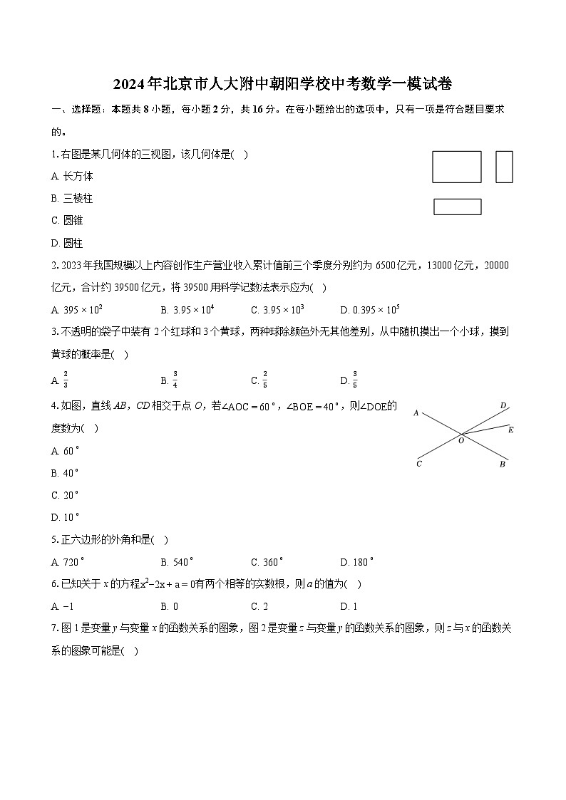 2024年北京市人大附中朝阳学校中考数学一模试卷(含详细答案解析)第1页