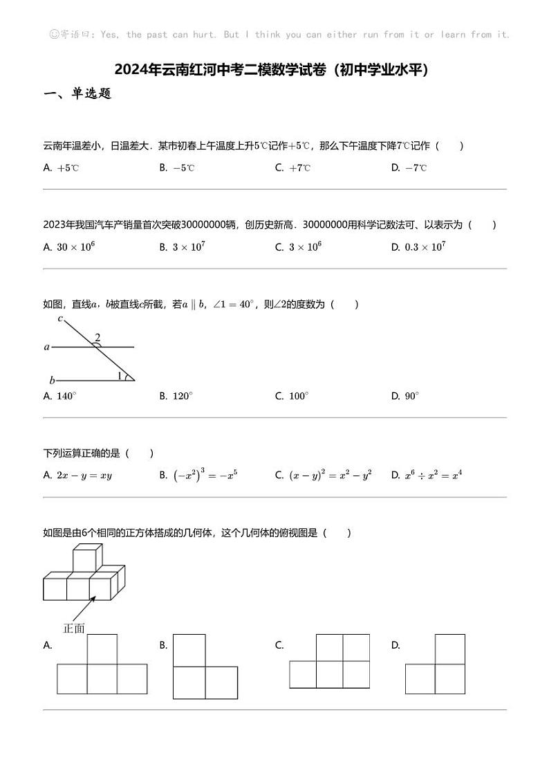 2024年云南红河中考二模数学试卷(初中学业水平)第1页