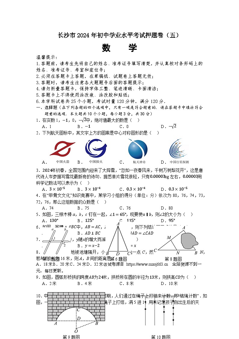 2024年湖南省长沙市初中学业水平考试数学押题卷(五)第1页