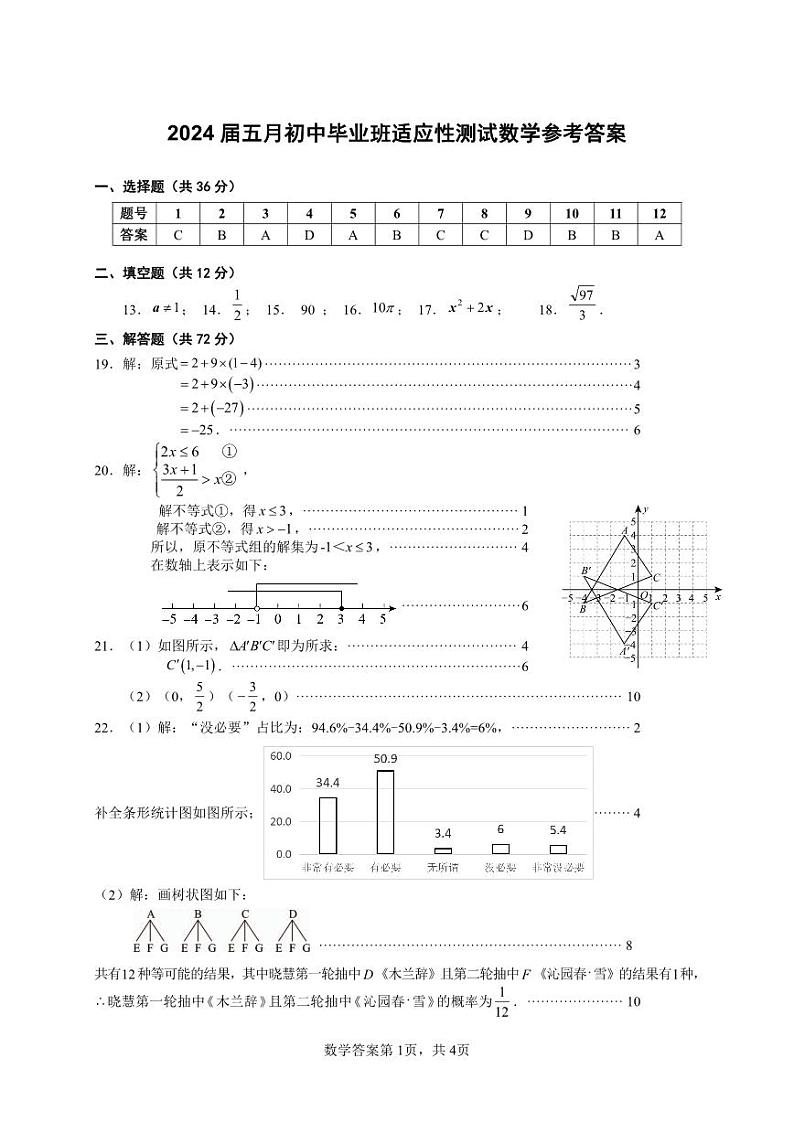 2024年5月广西南宁市城区中考初三下学期二模数学试题+答案01
