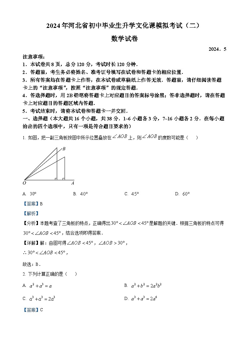 2024年河北省邯郸市广平县中考二模数学试题(解析版)第1页