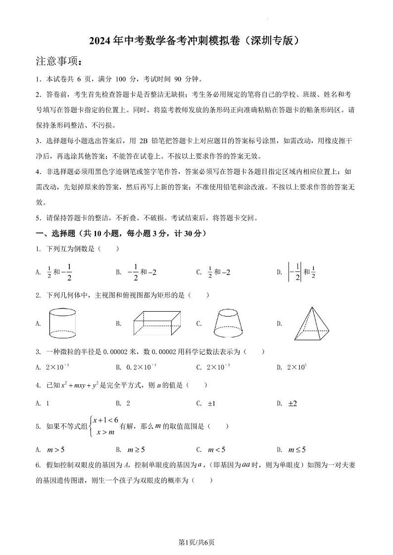2024年广东深圳市中考冲刺备考模拟数学试卷(含答案)01