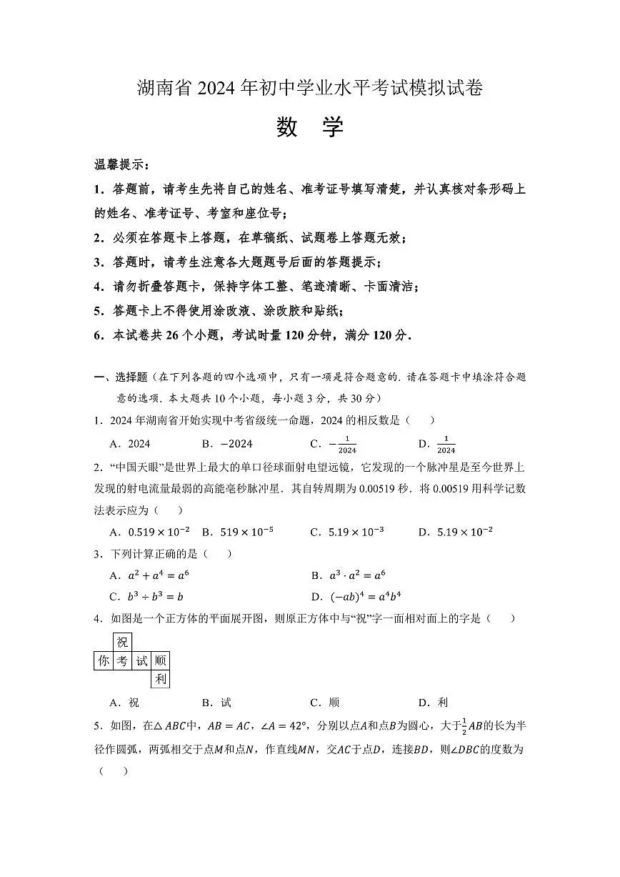 湖南省2024届九年级下学期中考模拟数学(三)试卷(含答案)第1页