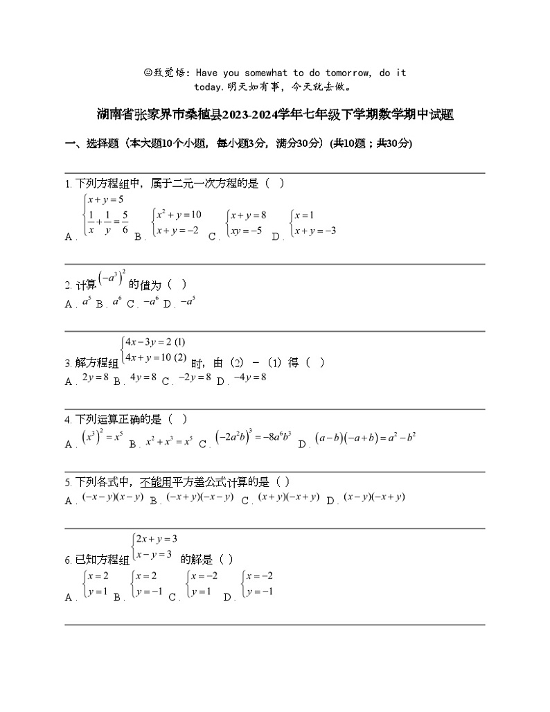 湖南省张家界市桑植县2023-2024学年七年级下学期数学期中试题 (1)第1页