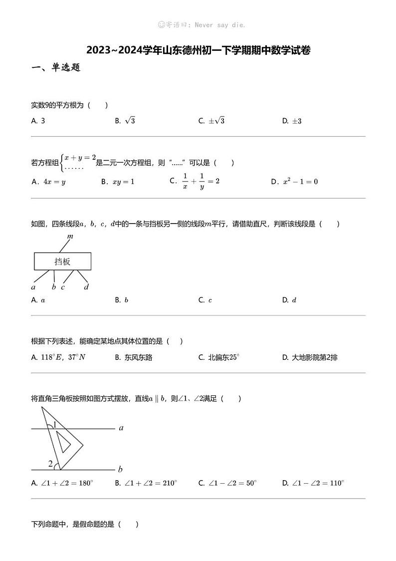 2023_2024学年山东德州初一下学期期中数学试卷第1页