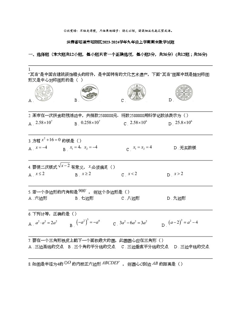 云南省昭通市昭阳区2023-2024学年九年级上学期期末数学试题第1页