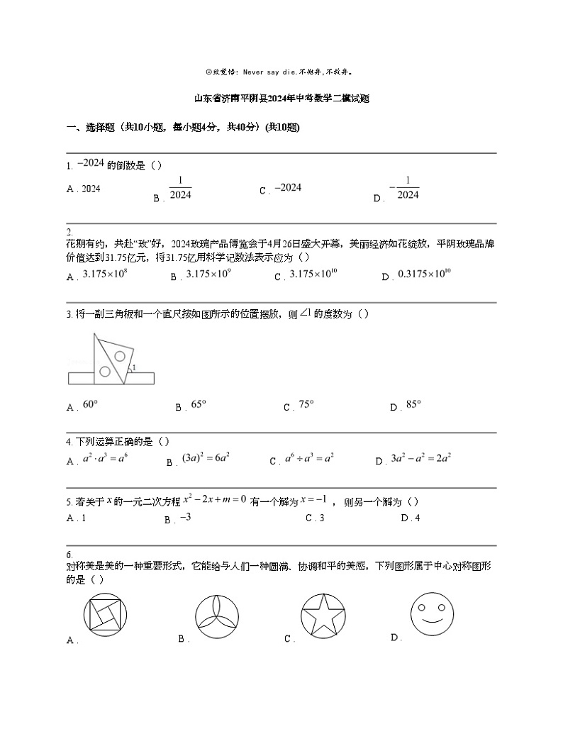 山东省济南平阴县2024年中考数学二模试题第1页