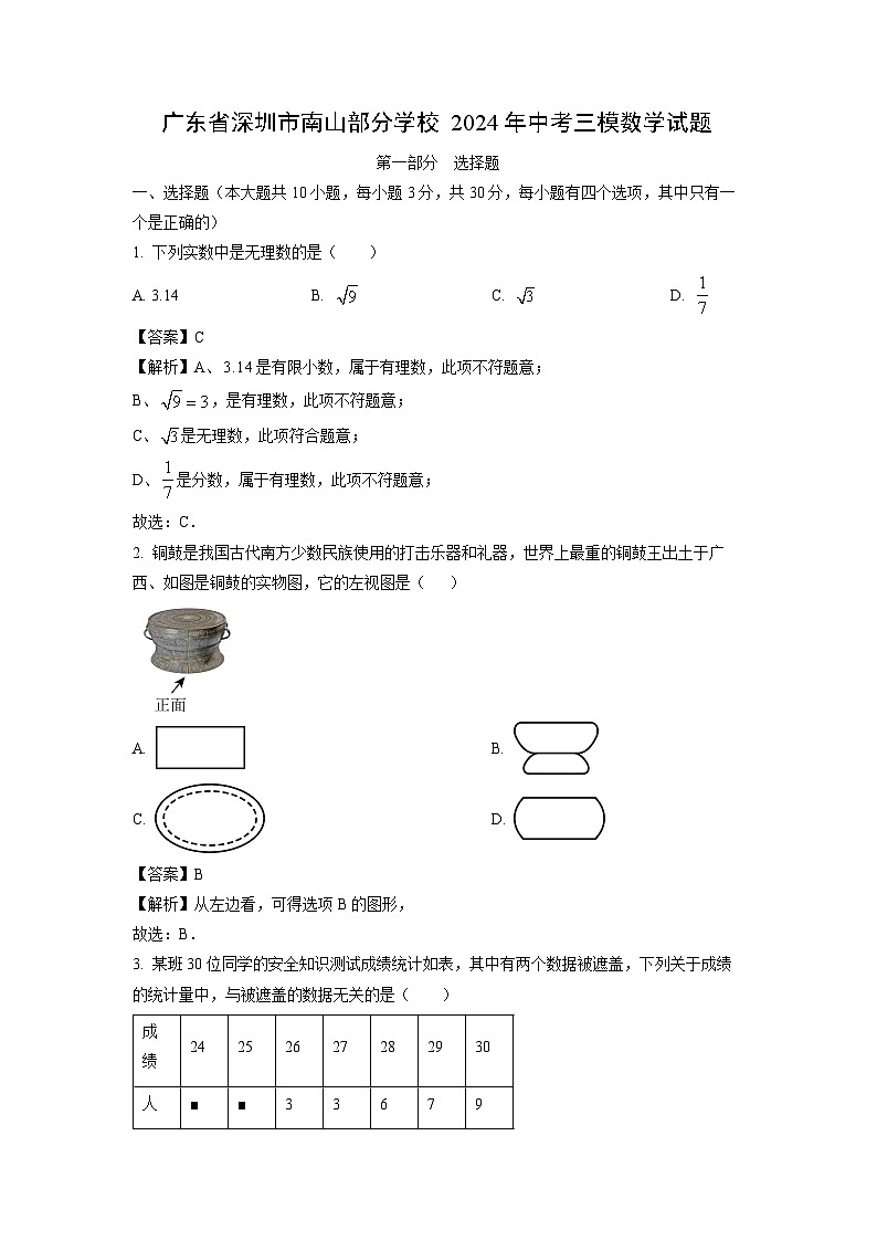 广东省深圳市南山部分学校2024年中考三模数学试卷(解析版)第1页