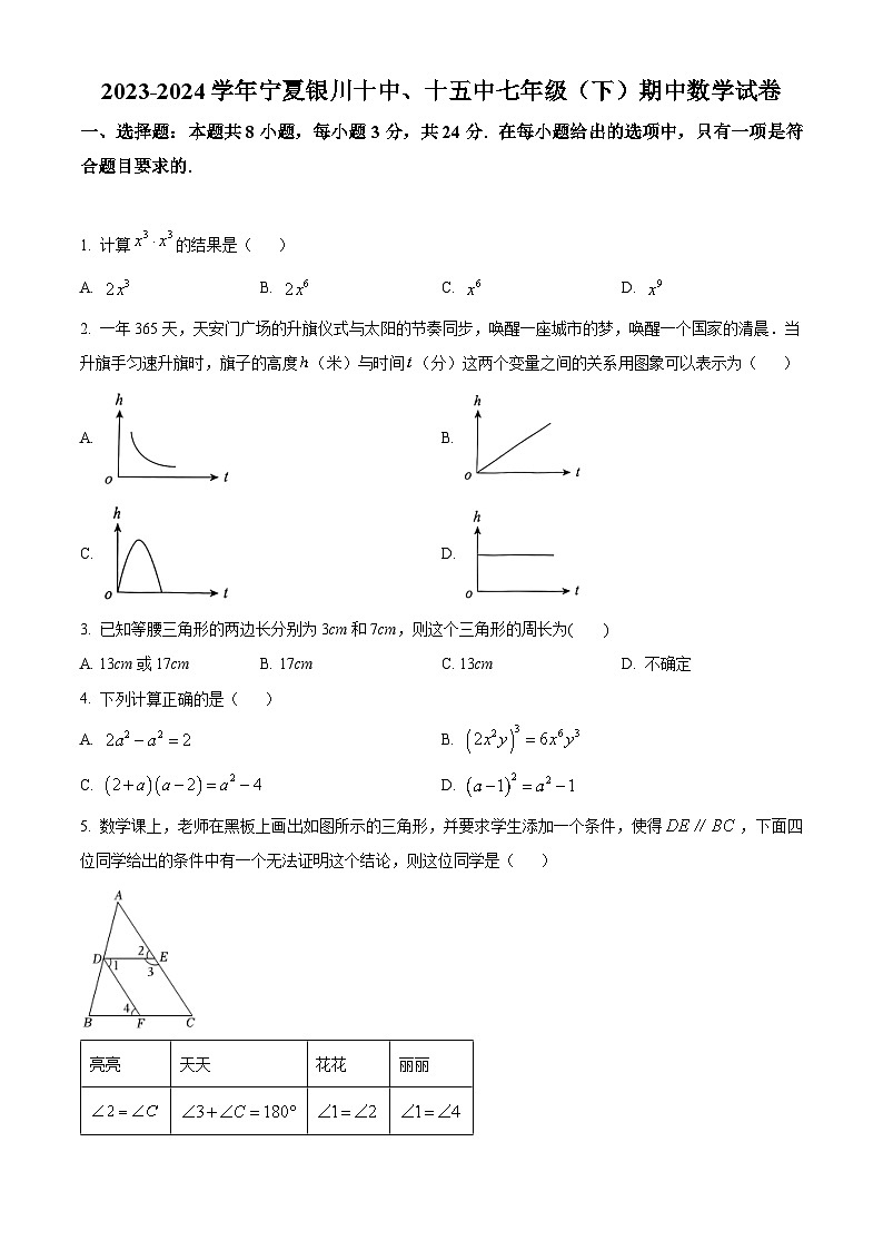 宁夏银川十中、十五中2023-2024学年七年级下学期期中数学试题(学生版)第1页
