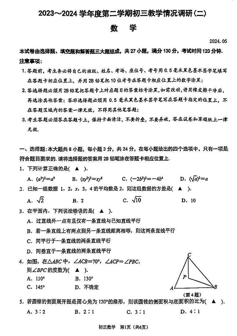 06,2024年江苏省苏州中学校伟长班九年级数学中考二模试卷第1页