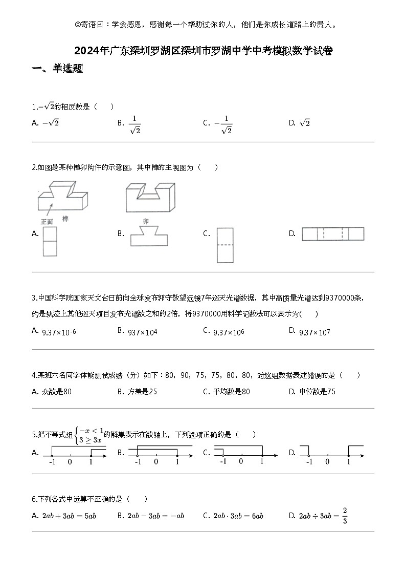 2024年广东深圳罗湖区深圳市罗湖中学中考模拟数学试卷第1页