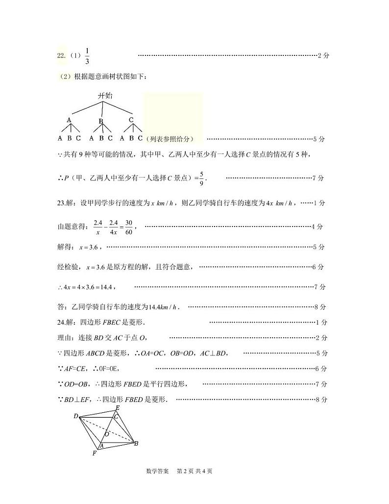 2024年九年级第三次质量检测数学参考答案及评分标准(1)第2页