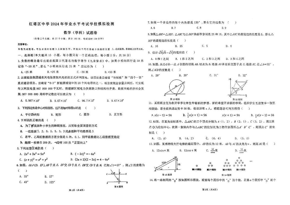 2024年云南省玉溪市第八中学、第 五中学中考三模数学试题第1页