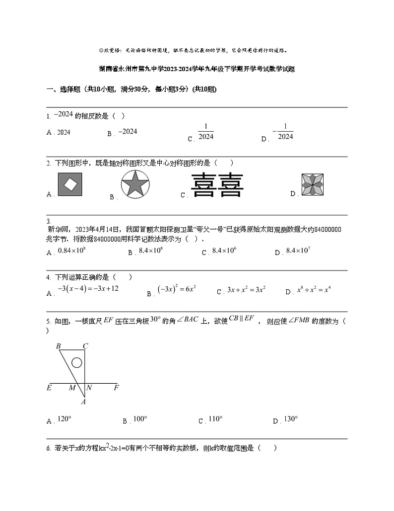 湖南省永州市第九中学2023-2024学年九年级下学期开学考试数学试题01