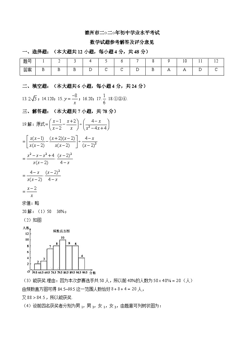 2020山東省德州市中考數(shù)學(xué)試卷(含詳細(xì)答案)(解析版)第1頁(yè)