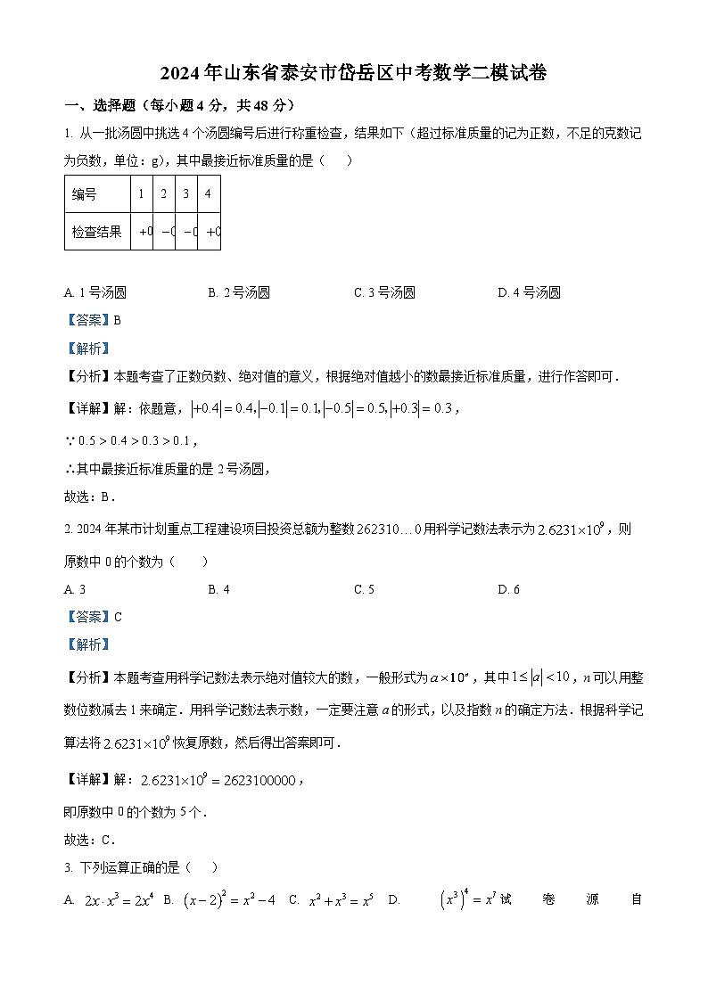 2024年山东省泰安市岱岳区中考二模数学试题01