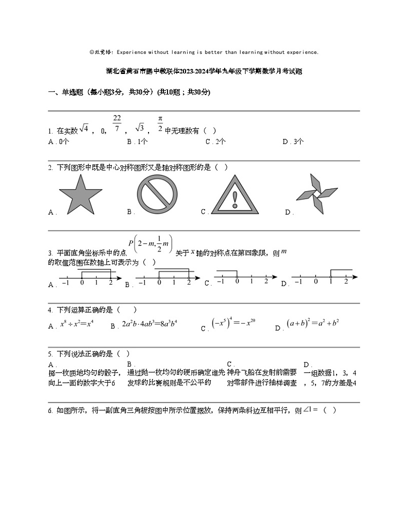 湖北省黄石市鹏中教联体2023-2024学年九年级下学期数学月考试题第1页