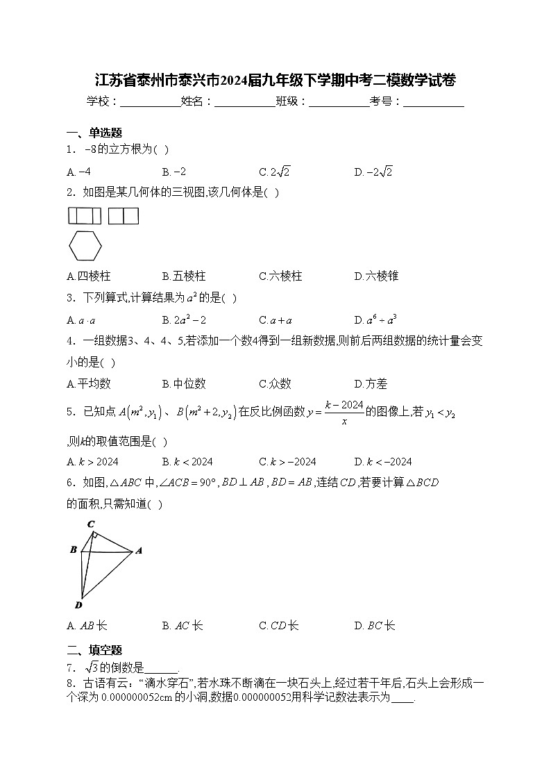 江苏省泰州市泰兴市2024届九年级下学期中考二模数学试卷(含答案)第1页