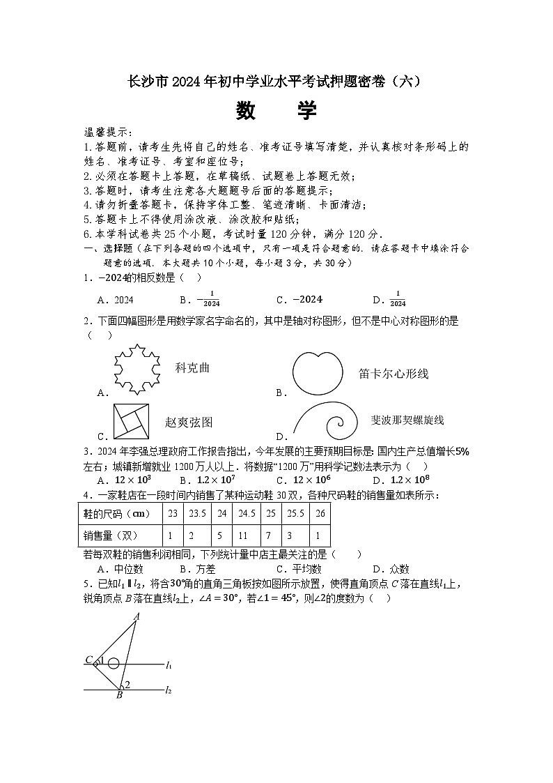 湖南省长沙市2024年初中学业水平考试押题密卷(六)数学01