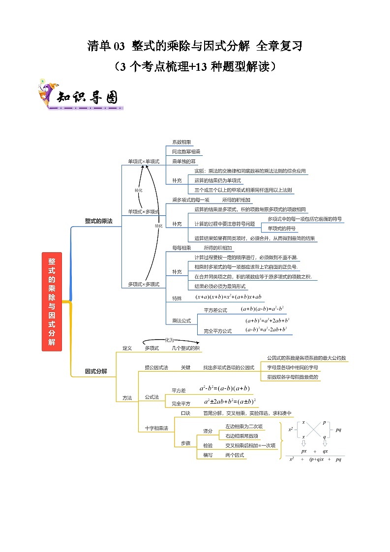 清单03 整式的乘除与因式分解 全章复习 (3个考点梳理+13种题型解读)(原卷版)第1页