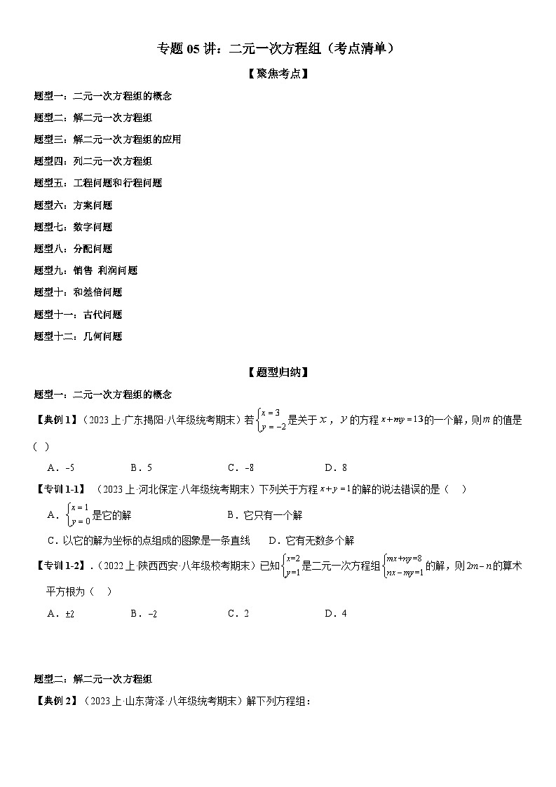 专题05 二元一次方程组(考点清单)(原卷版)第1页