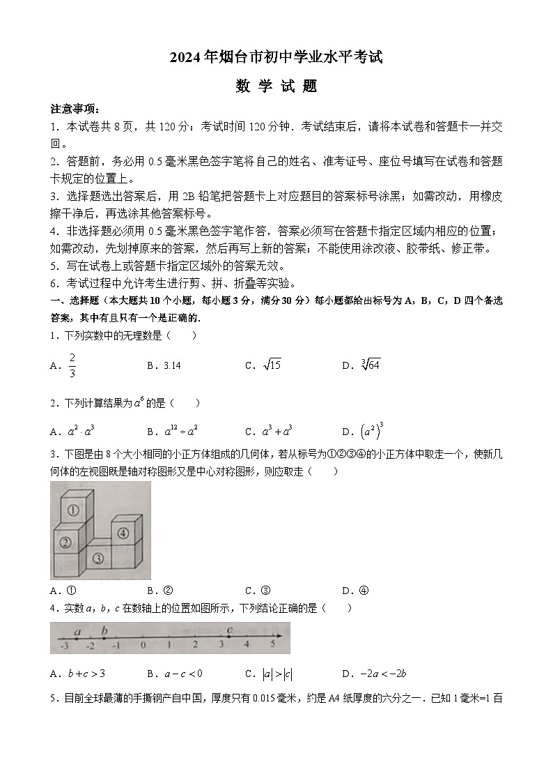 2024年山东省烟台市中考数学试题(无答案)第1页