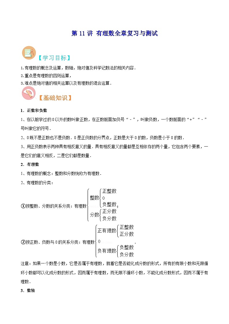 苏科版七年级数学暑假第11讲有理数全章复习与测试练习(学生版+解析)第1页