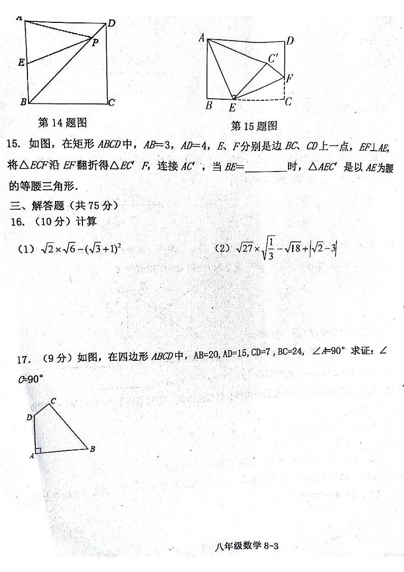 河南省信阳市淮滨县2023-2024学年八年级下学期6月期末考试数学试题第3页