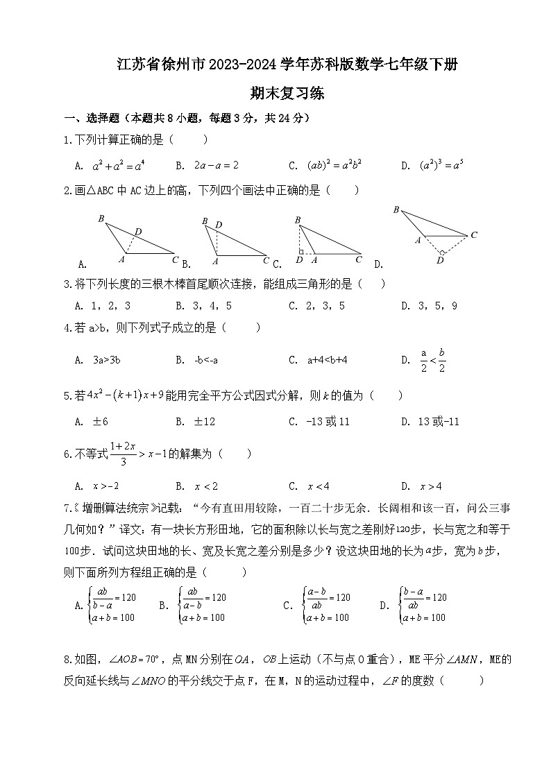 江苏省徐州市2023~2024学年苏科版数学七年级下册 期末复习练01