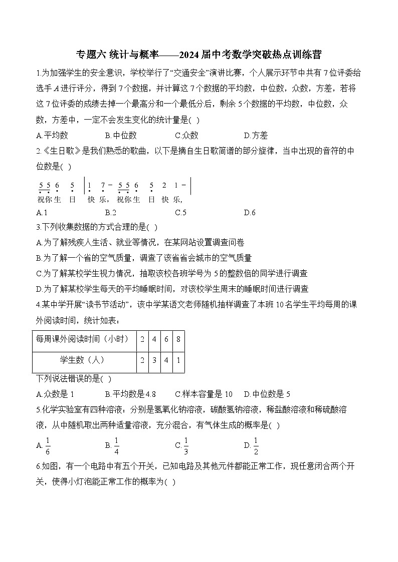 专题六 统计与概率——2024届中考数学突破热点训练营(含答案)第1页
