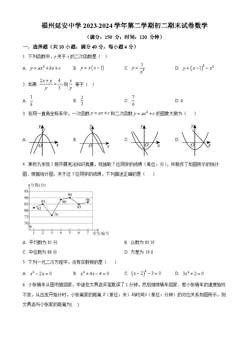 福建省福州延安中学2023-2024学年八年级下学期期末数学试题(原卷版)第1页