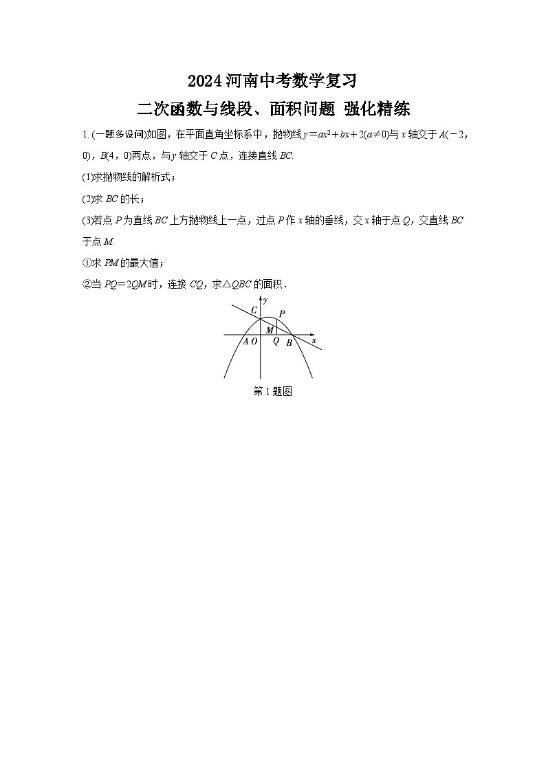 2024河南中考数学复习 二次函数与线段、面积问题 强化精练 (含答案)第1页