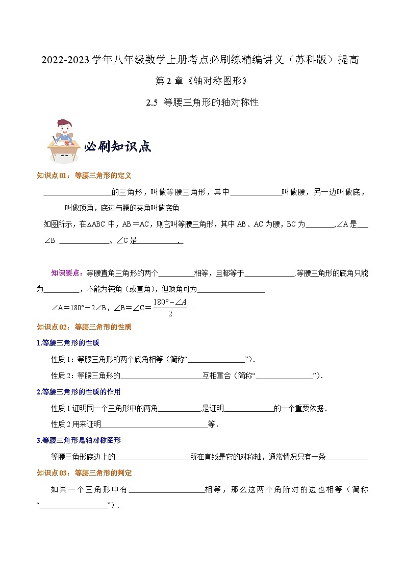 苏科版八年级数学上册同步考点必刷练精编讲义必刷提高练【2.5等腰三角形的轴对称性】(原卷版+解析)01