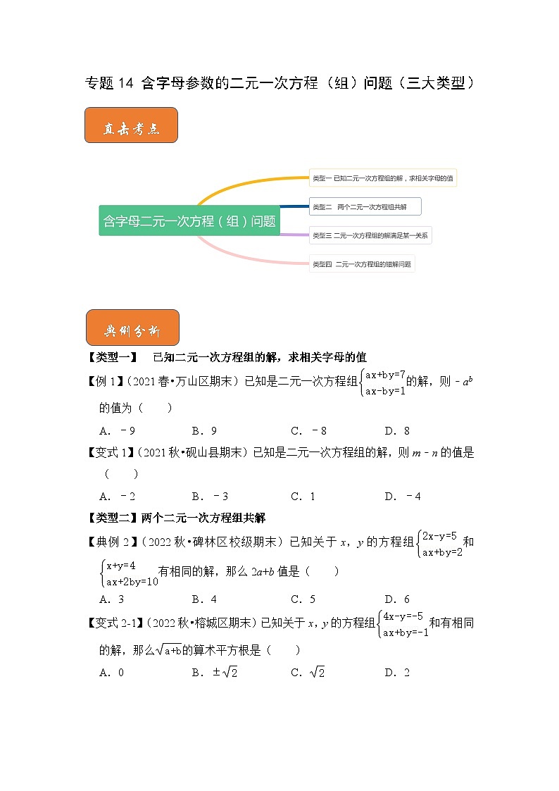 七年级数学下册高分突破专题14含字母参数的二元一次方程(组)问题(三大类型)(原卷版+解析)第1页