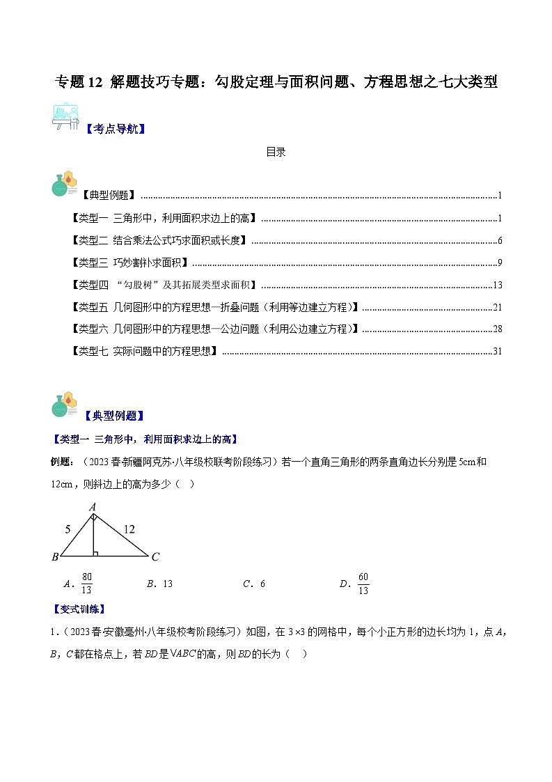 专题12 解题技巧专题:勾股定理与面积问题(原卷版+解析版)-【学霸满分】2023-2024学年八年级数学上册重难点专题提优训练(苏科版)01