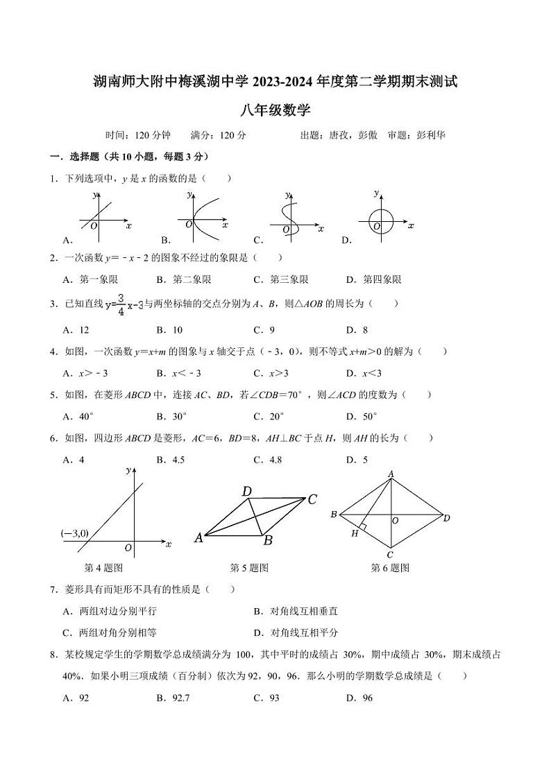 湖南长沙师大附中梅溪湖中学2024年八年级下学期7月期末数学试题第1页
