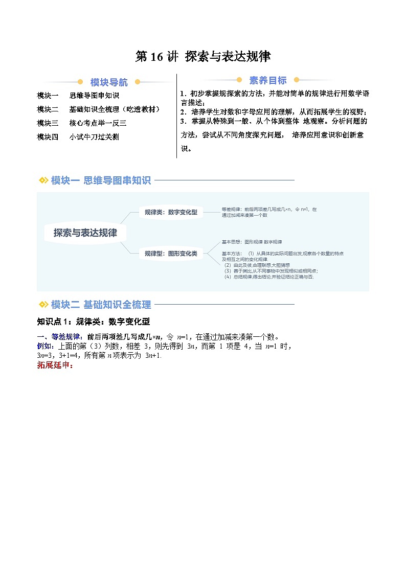 2024年北师大版七年级数学暑期提升精讲 第16讲 探索与表达规律(知识点+练习)01