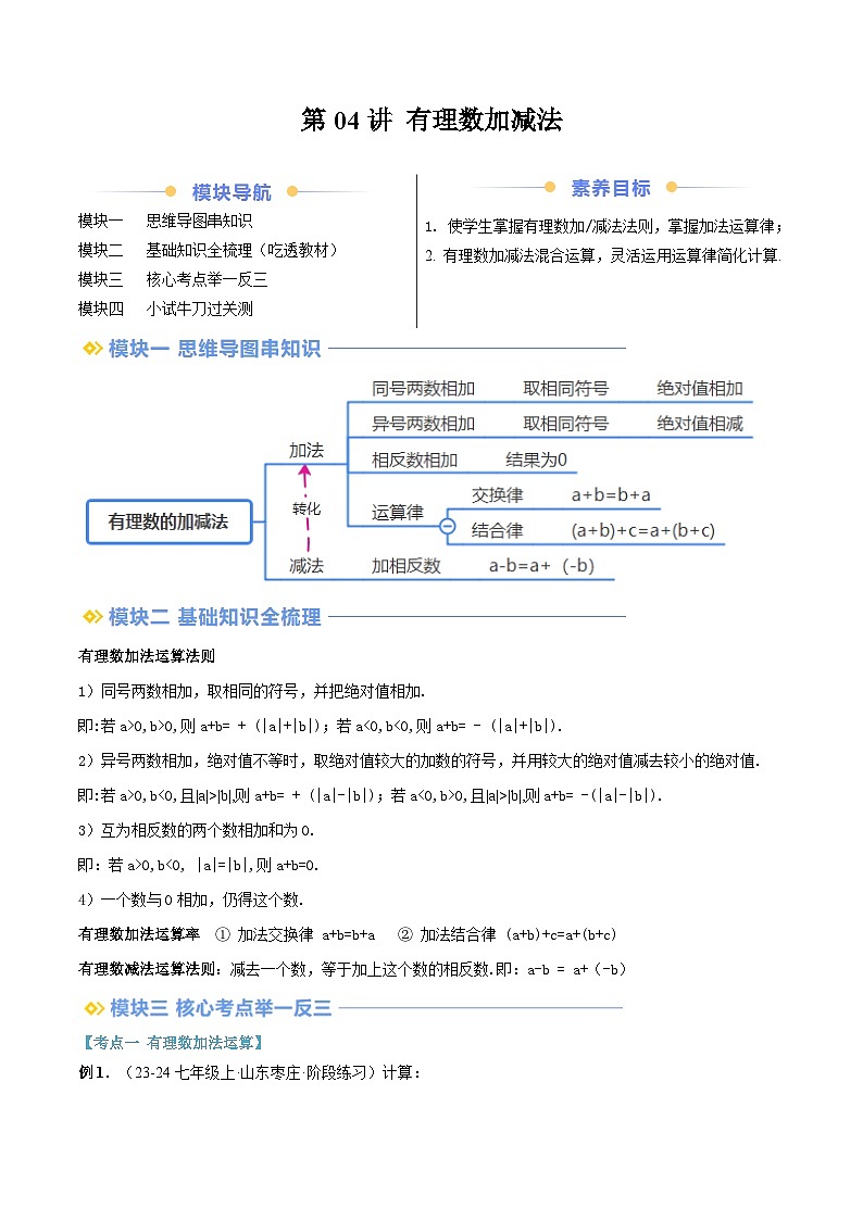2024年华东师大版七年级数学暑期提升精讲 第04讲 有理数加减法(知识点+练习)01
