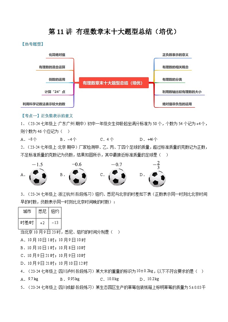 2024年华东师大版七年级数学暑期提升精讲 第11讲 有理数章末十大题型总结(知识点+练习)01