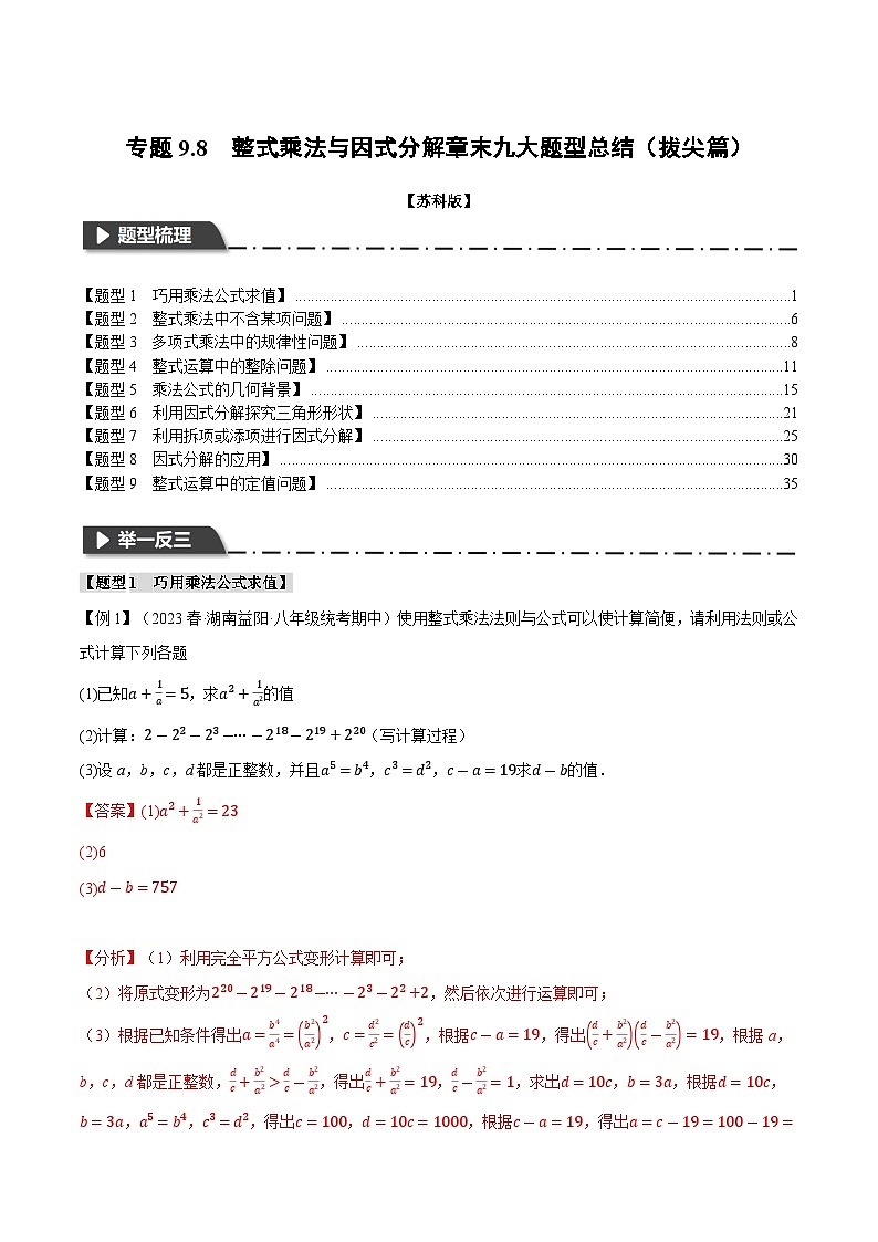 专题9.8 整式乘法与因式分解章末九大题型总结(拔尖篇)(苏科版)(教师版)01
