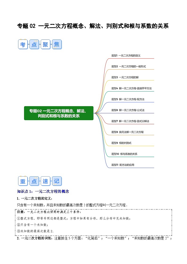 专题02 一元二次方程概念、解法、判别式和根与系数的关系(原卷版讲义)第1页