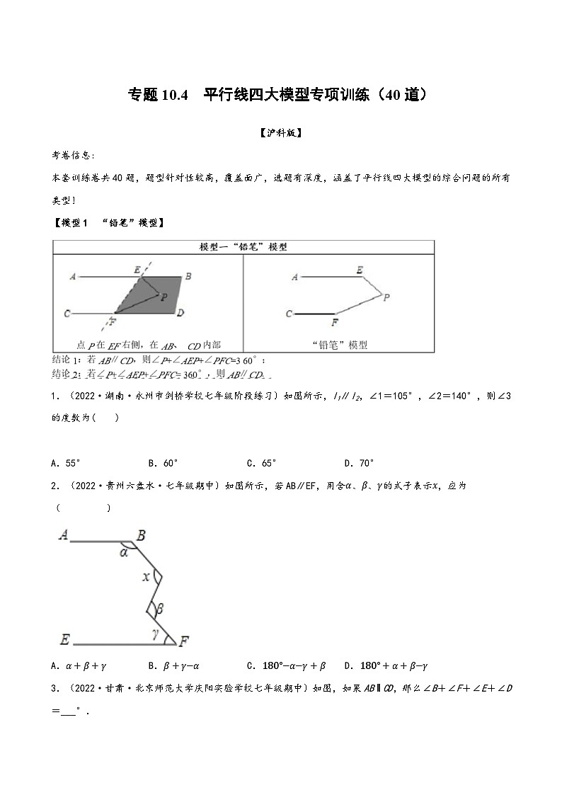沪科版七年级数学下册精品特训专题10.4平行线四大模型专项训练(40道)(原卷版+解析)01